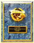 Image of  blue marbleized  FB plaque with a color painted coach relief